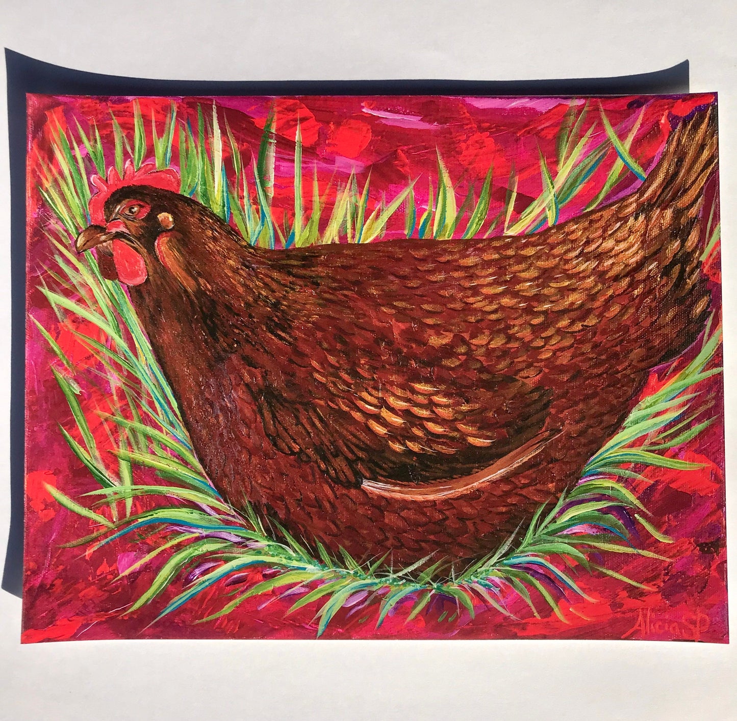 11x14 PRINT Rhode Island Red Hen with pink background. Bright Color Gallina