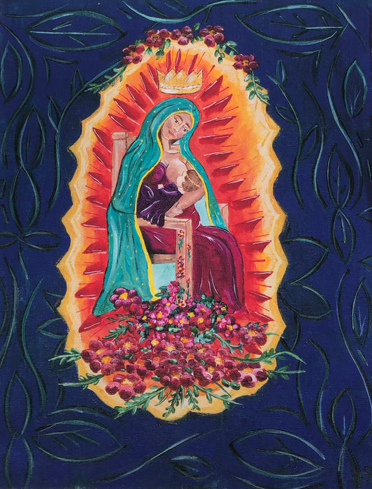 8x10 PRINT Breastfeeding Virgen De Guadalupe.  Virgin Mary and Baby Jesus-Blue