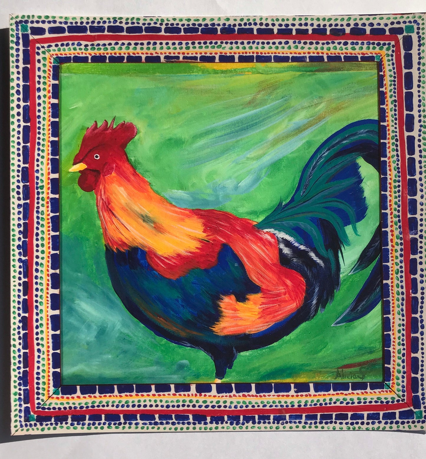 12x12 PRINT Colorful Kitchen Rooster on 100% Cotton Archival Paper