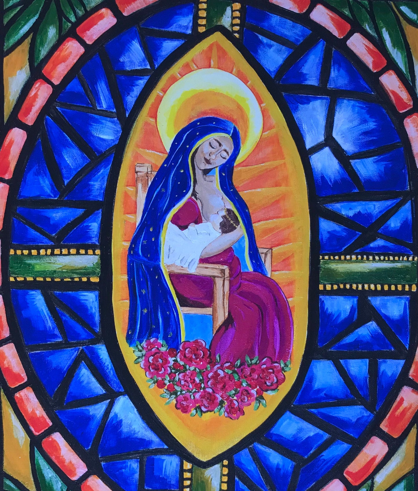 Breastfeeding Virgen De Guadalupe. Virgin Mary and infant Jesus- Stained Glass PRINT