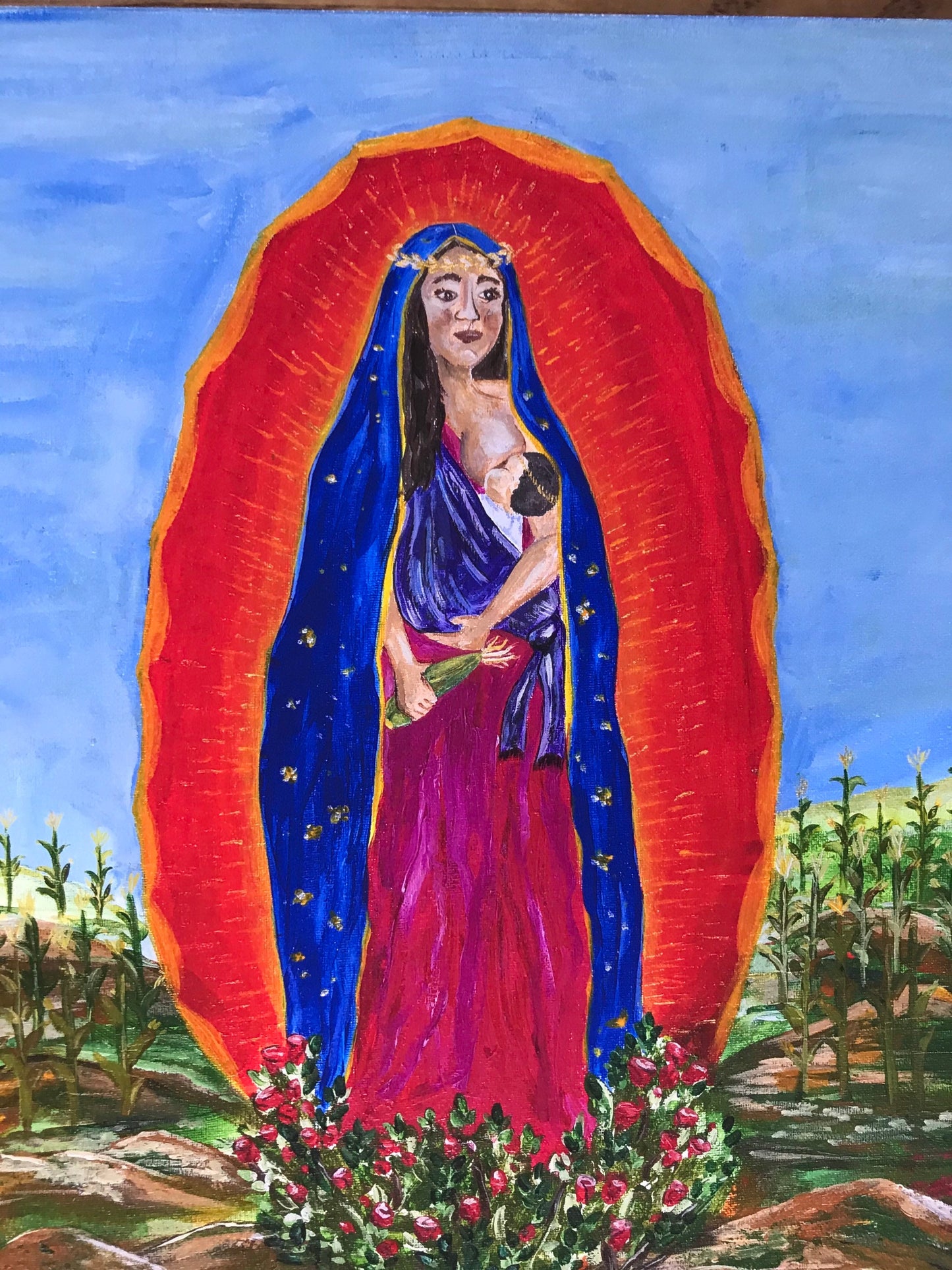 PRINT Breastfeeding Virgen De Guadalupe. Virgin Mary holding Baby Jesus-Corn Field