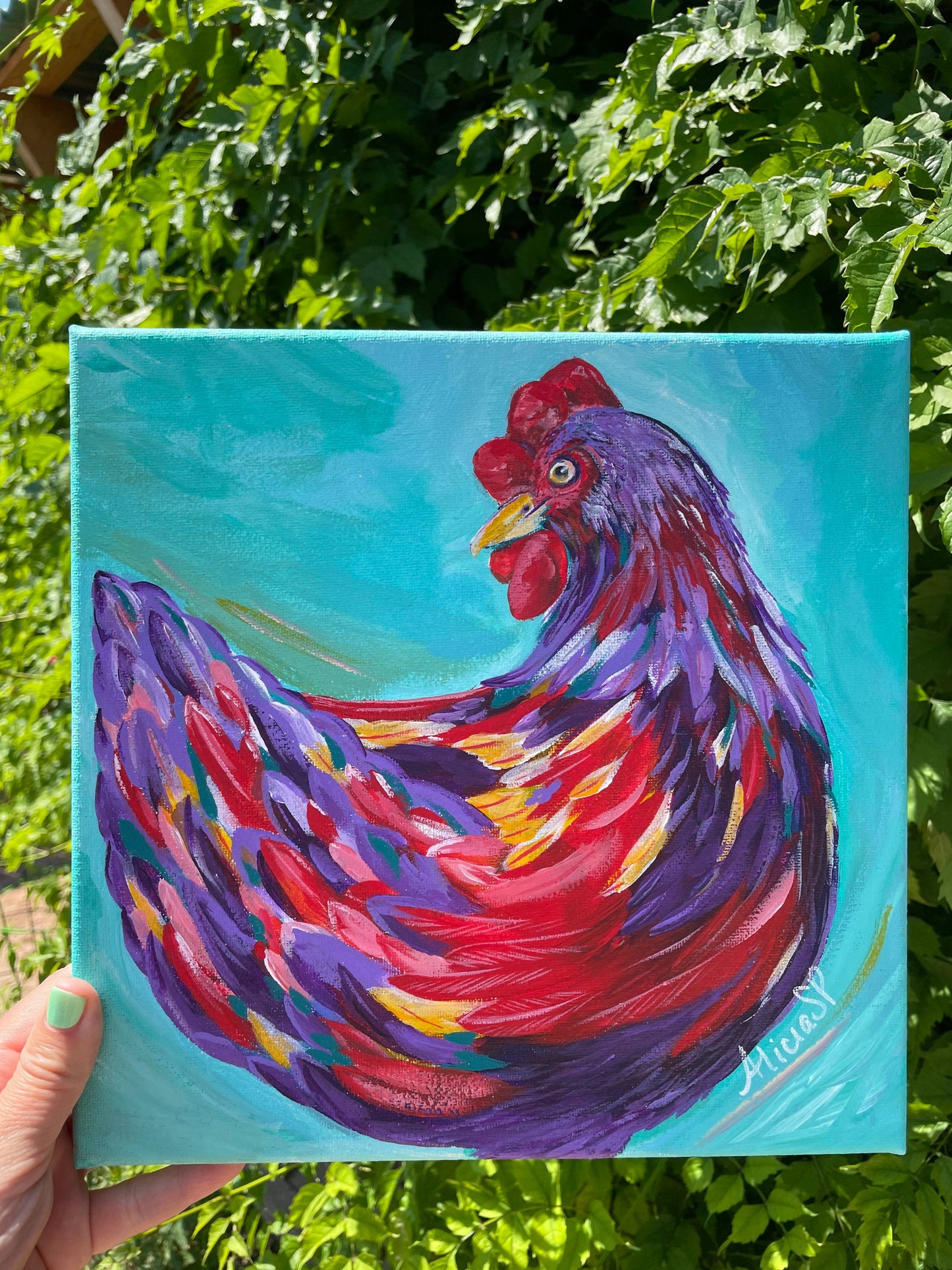 10x10 Purple playful hen and turquoise background