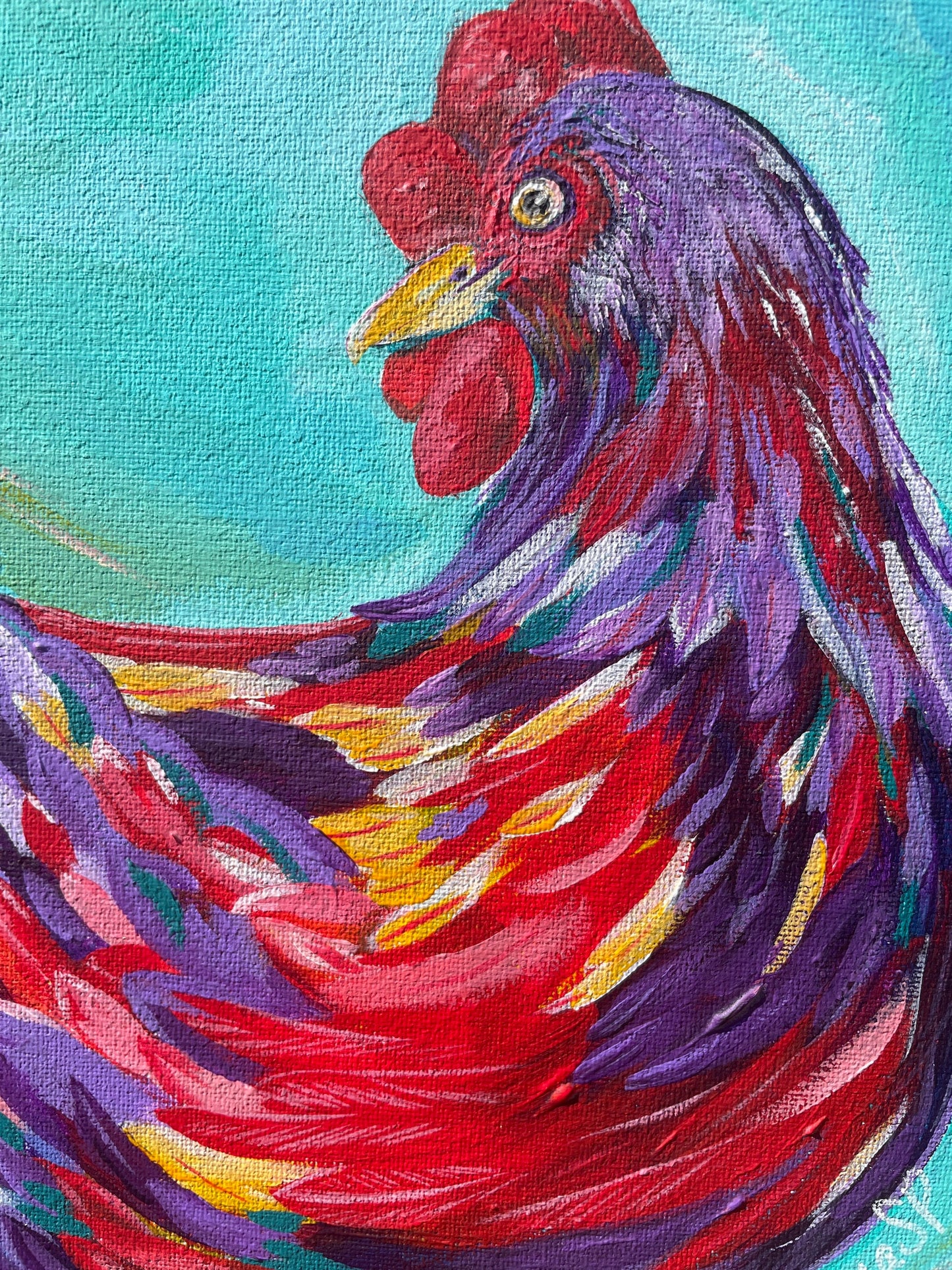 10x10 Purple playful hen and turquoise background