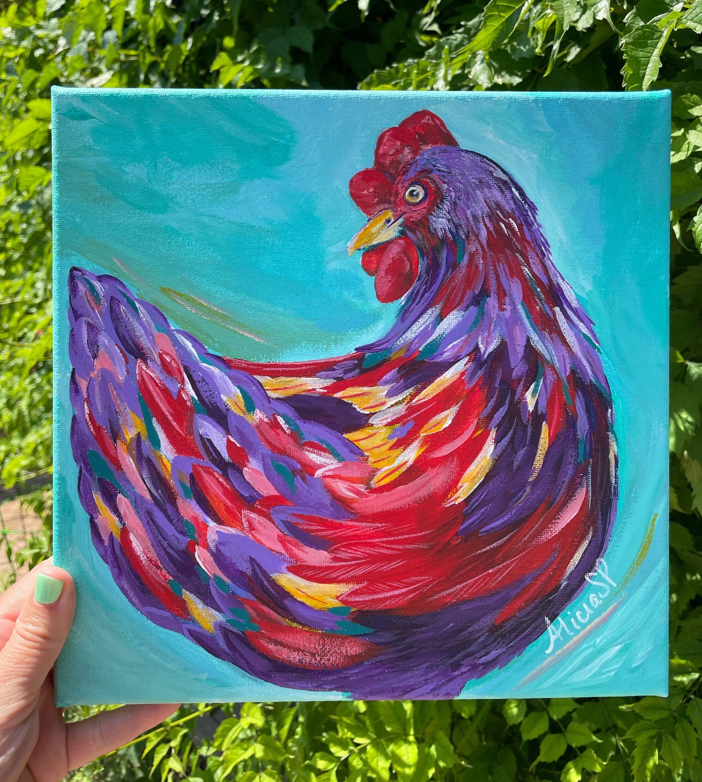 10x10 Purple playful hen and turquoise background