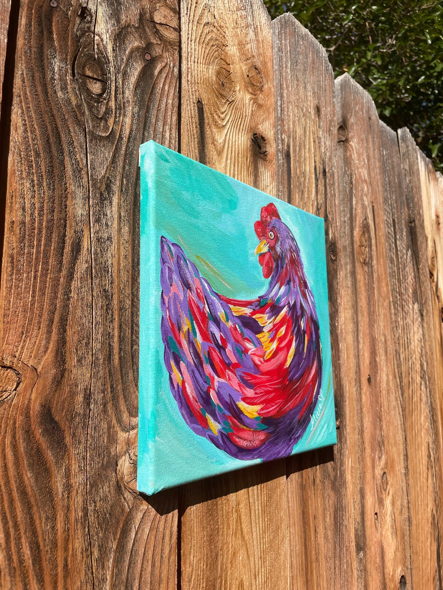 10x10 Purple playful hen and turquoise background