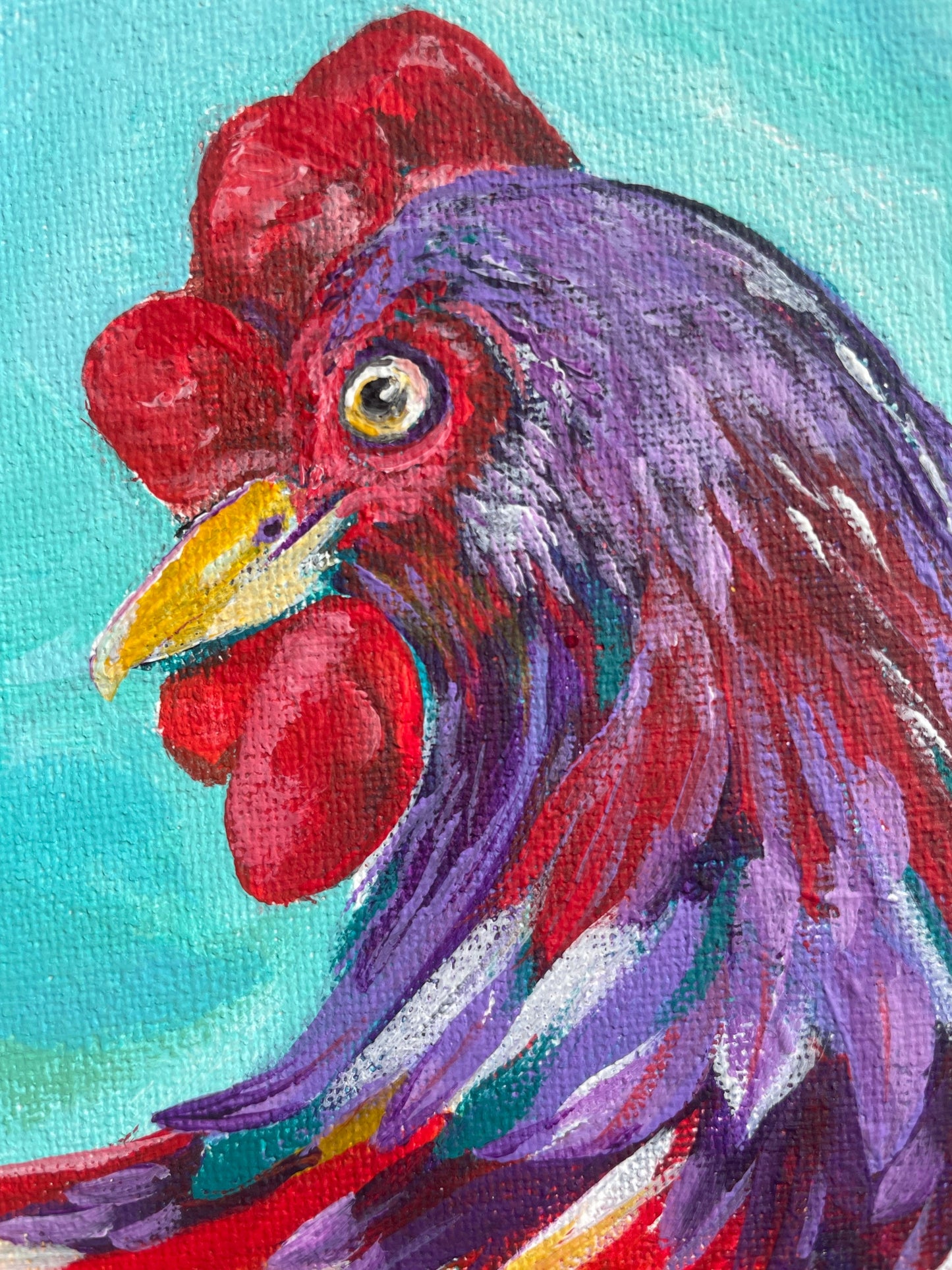 10x10 Purple playful hen and turquoise background