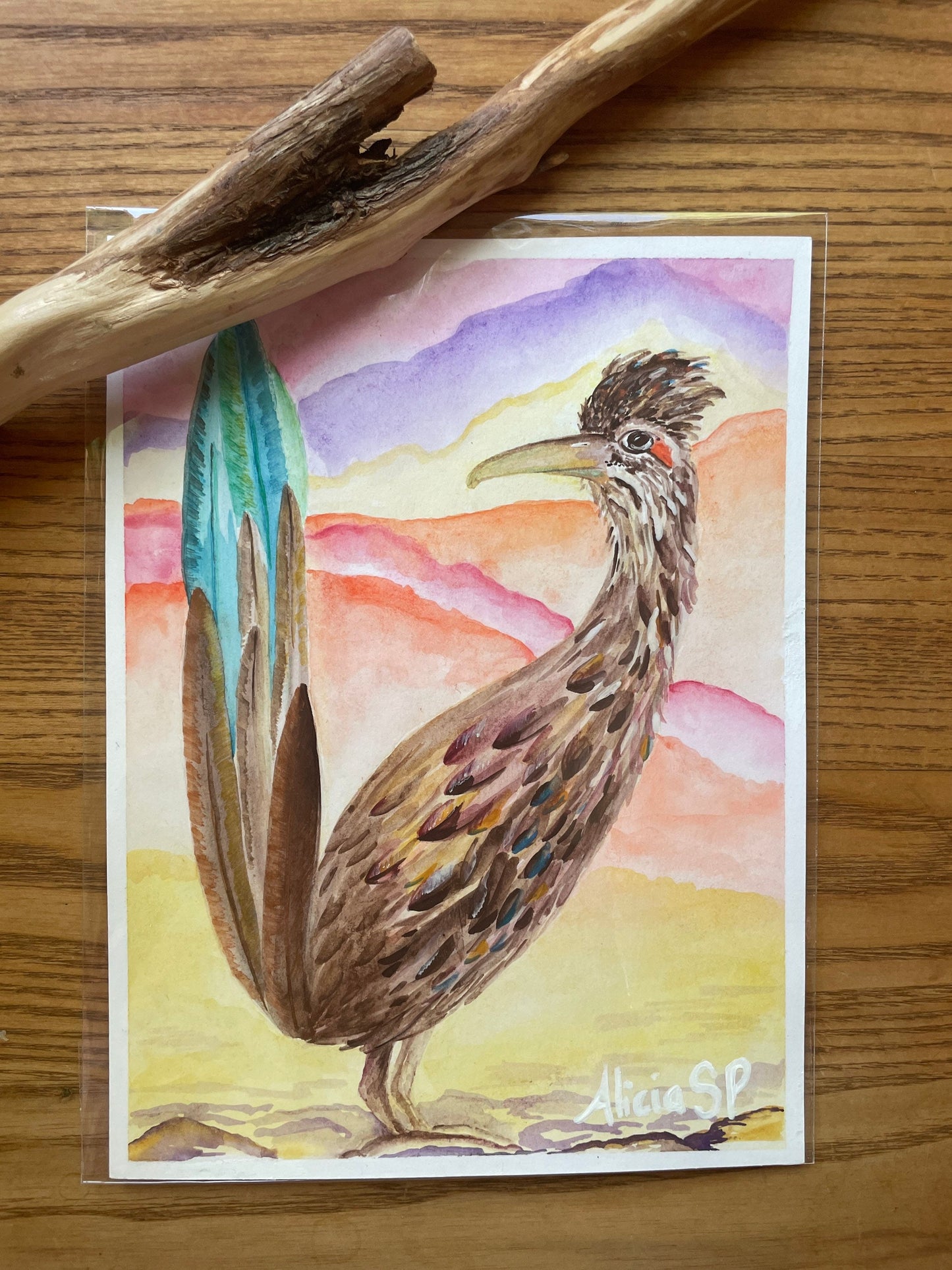 6x8 Watercolor Roadrunner on 184lb paper with white matting for an 8x10