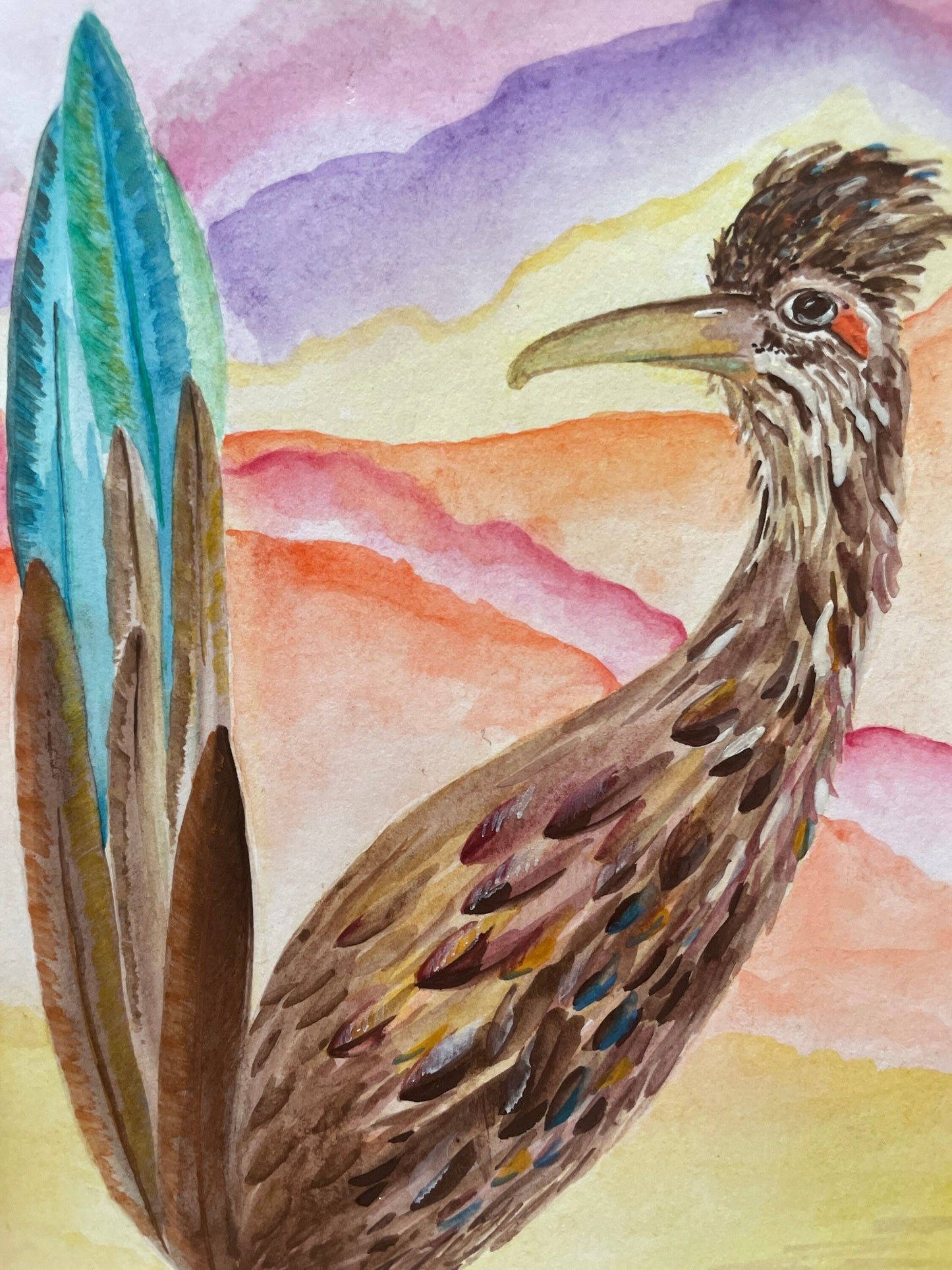 6x8 Watercolor Roadrunner on 184lb paper with white matting for an 8x10