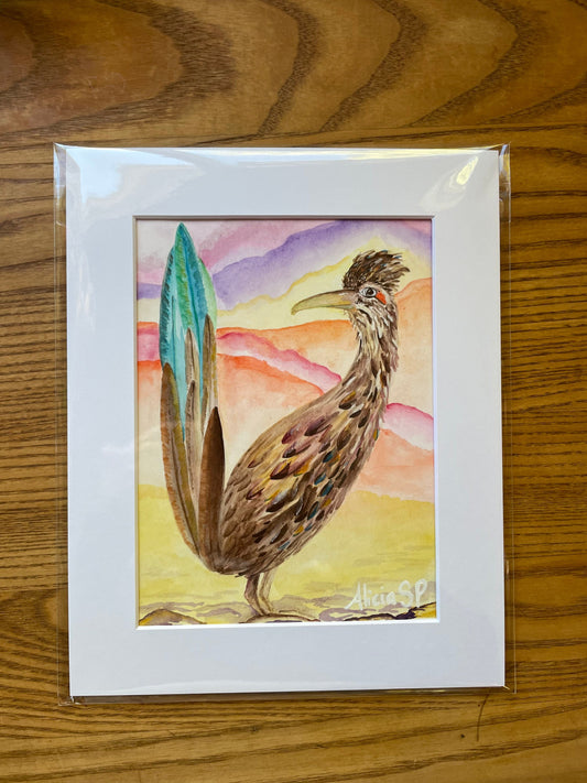 6x8 Watercolor Roadrunner on 184lb paper with white matting for an 8x10